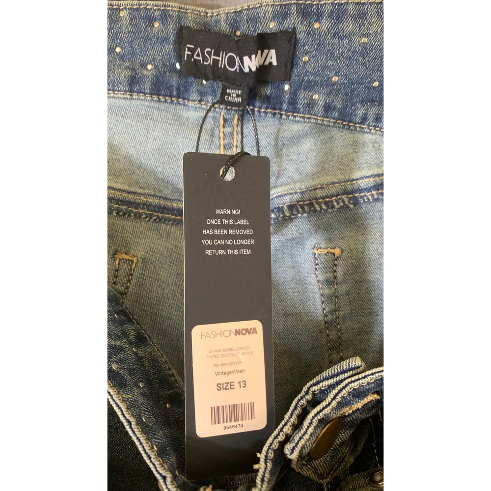 Fashion Nova Ayami Embellished Tinted Bootcut Jeans Vintage Wash Studded Size 13 - Picture 6 of 10